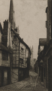 ERNEST EDWIN ABBOTT [1888 - 1973] A collection of English scenes: A Laneway, Shrewsbury A Country Bridge Temple Chapel of the Crusaders Air Force Memorial with Big Ben Avon River The Brig o'Balgownie etchings, circa 1930s, various sizes. (6 items).