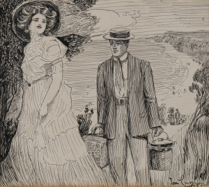TOM CARTER (Picnic at the beach) pen and ink on paper, signed and dated 1908 lower right,