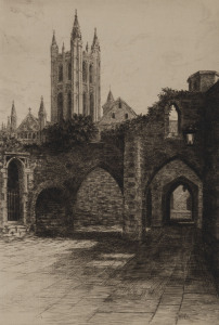 ERNEST EDWIN ABBOTT [1888 - 1973] A collection of English scenes: Cathedral in Ruins Side Entrance English Castle The High Altar, St. Pauls Ely Cathedral The Dark Entry, Canterbury Cathedral Interior etchings, circa 1930s, various sizes. (7 items).