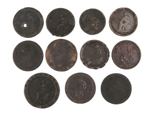 Late 18th to mid 19th century copper coin group with 1797 King George III one penny (huge British coin which in 1800 became Australia's first penny being used by the NSW Governor to pay for supplies); also Lower Canada 1813 Wellington 'SALAMANCA' one penn