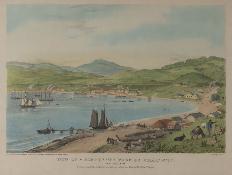 THOMAS ALLOM [New Zealand, 1804-72], engraver View of a part of the town of WELLINGTON, New Zealand looking towards the South East comprising about one third of the Water Frontage. hand-coloured lithograph, after a drawing made in 1841 by C. Heaphy. Publ