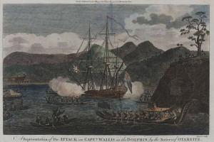 George William Anderson & Captain James Cook, A Representation of the ATTACK on Capt'n WALLIS in the DOLPHIN, by the Natives of OTAHEITE. hand-coloured copper engraving, by Sparrow, 21 x 33cm. Published by Alexander Hogg, London, 1786.