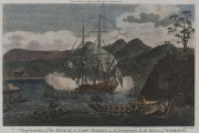 George William Anderson & Captain James Cook, A Representation of the ATTACK on Capt'n WALLIS in the DOLPHIN, by the Natives of OTAHEITE. hand-coloured copper engraving, by Sparrow, 21 x 33cm. Published by Alexander Hogg, London, 1786.