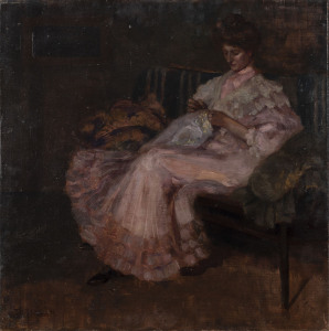 MARY ELLEN ROBERTS [1866 - 1924] (The dressmaker) oil on canvas, circa 1905, signed "M.E.Roberts" lower left, 61 x 61cm.