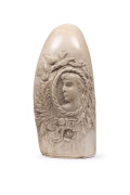 A scrimshaw whale's tooth finely carved with female portrait surrounded by ferns and roses with rope carved border, 19th century, ​14cm high