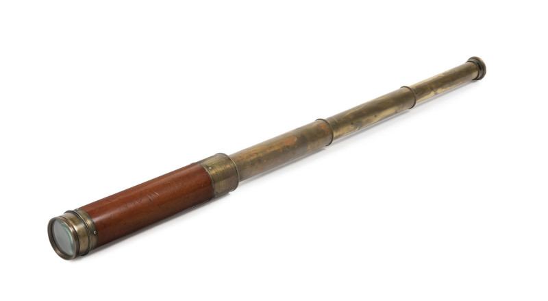 TROUGHTON & SIMMS, London. Triple extension brass wand timber telescope inscribed "Presented at the Public Examination on the 12th June 1851 to Gentleman Cadet Henry R. Thuillier by the Hon'ble Court of Directors of the East India Company as a mark of the