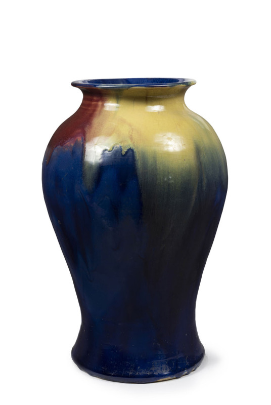 REMUED Australian pottery vase of impressive proportions, early colourway glazed in pink, blue and yellow, circa 1933, incised "Remued, Hand Made", ​37cm high