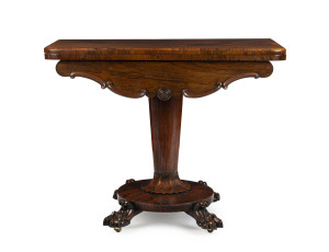 ANDREW LENEHAN (attributed) fold-over card table, rosewood veneer on Australian cedar, Sydney, New South Wales origin, circa 1840s, 74cm high, 92cm wide, 45cm deep (extends to 90cm deep)