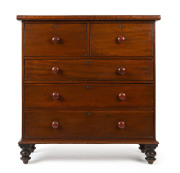 An Australian cedar five drawer chest with cross banded edges, circa 1855, 125cm high, 120cm wide, 49cm deep