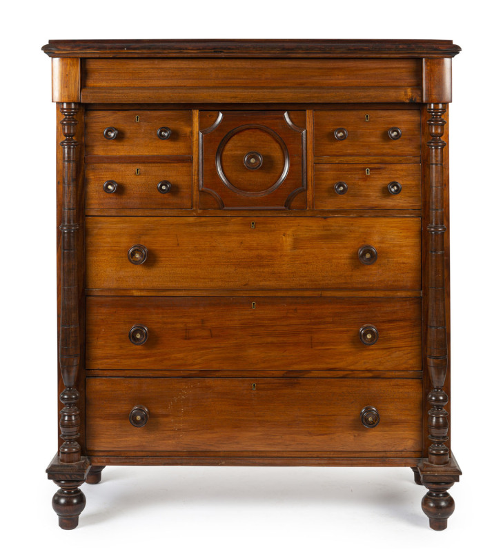 A solid Tasmanian blackwood eight drawer chest with turned columns, South Australian origin, late 19th century, ​138cm high, 118cm wide, 52cm wide
