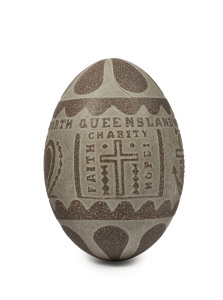 "ADVANCE NORTH QUEENSLAND MANFRED I" carved emu egg additionally carved "Faith, Charity, Hope, Oct. 8, 1899", ​14cm high