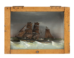 Ship diorama in wooden case, 19th century, 16cm high, 22cm wide, 9cm deep