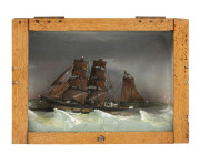 Ship diorama in wooden case, 19th century, 16cm high, 22cm wide, 9cm deep