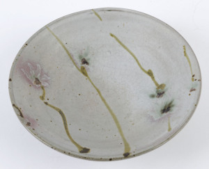 MILTON MOON pottery bowl with pink floral decoration, incised "M", 5cm high, 18cm diameter