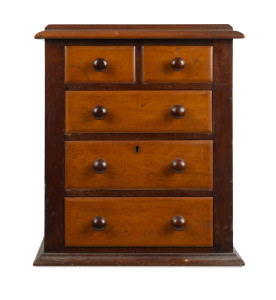 A Colonial apprentice chest of five drawers, Australian cedar and kauri pine with red pine secondary timbers, South Australian origin, circa 1880, 49cm high, 42cm wide, 36cm deep