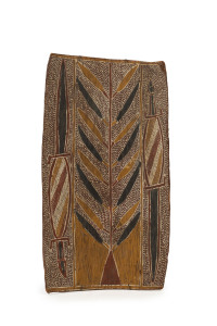 BURRUNDAY, (circa 1914-1970s), Djank'awu Story (sacred goannas story), bark and natural earth pigments, inscribed verso with additional Deutscher Menzies Auction label, no. A 152, ​49 x 27cm