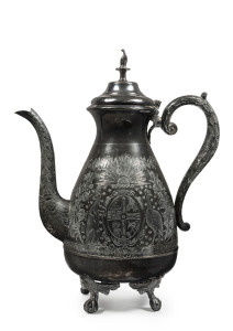 A silver plated teapot engraved with the Australian coat of arms, circa 1880s, ​29cm high