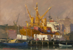 MAXWELL WILKS (1944 -), Unloading Paper, Port Melbourne, 1987, oil on canvas board, signed lower left "Maxwell Wilks, '87", ​27 x 35cm