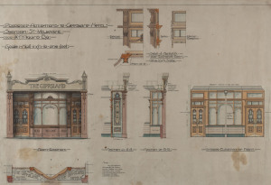 "Proposed Alterations To Gippsland Hotel, Swanston Street, Melbourne, For W.H. Higgins Esq.", scale half inch to one foot, architects original elevations and scale drawings in ink and watercolour, circa 1910, 57 x 84cm, (framed: 82 x 106cm overall). "The