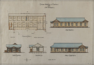 "Timber Building At Murtoa, For Mrs McKean" scale 8 feet to 1 inch, original architectural plans, ink and watercolour, 19th century, ​51 x 73cm, frame 75 x97cm