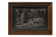 BURKE & WILLS "Arrival of Burke, Wills and King at the deserted camp at Cooper's Creek, Sunday evening, 21st April 1861" silver plated repoussé copper panel after the 1907 painting by JOHN LONGSTAFF which now resides in the National Gallery of Victoria, 2