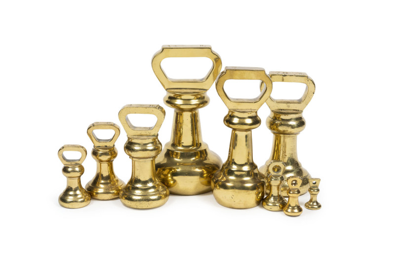 Set of nine antique bell weights by W. & T. Avery, 2oz up to 14lb. 19th century, the largest 22cm high