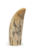 A scrimshaw whale's tooth with whaling scene, the reverse with American eagle, ​17.5cm high - 2