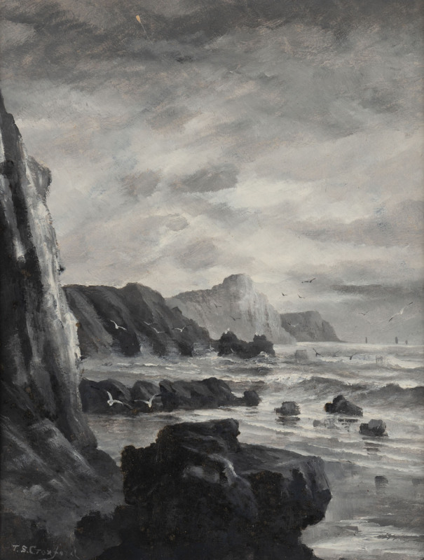 THOMAS SWAINSON CROXFORD (? - 1916), coastal scene, monochrome oil on board, signed lower left "T.S. Croxford", ​40 x 31cm