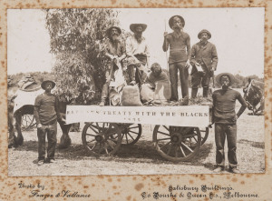 "BATMAN'S TREATY WITH THE BLACKS, 1835", sepia photograph by Frazer & Vallance of Melbourne, circa 1910, laid down on card, image size 10 x 15.5cm. This appears to be a re-enactment for the 75th Anniversary in 1910. 