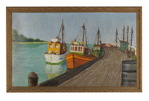 ARTIST UNKNOWN, fishing boats, oil on board, signed lower right "F.S. 1952", ​38 x 63cm