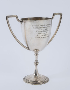 Citroen Car Club Of Victoria silver plated trophy circa 1926, engraved "Citroen Car Club Of Victoria Petrol Consumption Test, July 17th 1926, 1st Prize - Formula. Awarded To S. JOHNSON. Actual Mileage 88-61.", ​20cm high