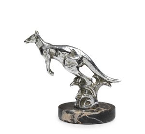 An Australian kangaroo car mascot, finely detailed cast metal and chrome finish, with later marble base, circa 1925, ​16cm high, 19cm long