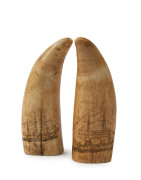 A pair of scrimshaw whale's teeth engraved with British tallships, 19th century, ​14.5cm high