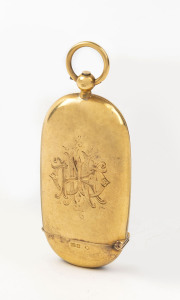 JOACHIM MATTHIAS WENDT (attributed) 18ct yellow gold combination sovereign vesta case, South Australian origin, 19th century, finely engraved monogram in Wendt's style "N.K.H", stamped "J.W. 18" with a lower case "f", 9cm high, 51 grams