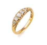 NEWMAN Australian Colonial 18ct yellow gold ring set with five rose cut diamonds, Melbourne origin, 19th century, stamped "Newman, 18ct", 3.85 grams total