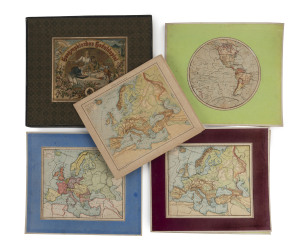 [MAP PUZZLE GAME] "GEOGRAPHISCHES GEDULDSPIEL" c1870, set of 6 engraved dissected puzzles, with a colour printed copy of each map loosely inserted, 28 x 31cm., decorative box with colour lithograph on lid. This lovely German puzzle-game, includes two circ