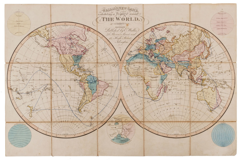 Wallis's New Game, Exhibiting a Voyage round The World. WALLIS, Edward [Published by Published by E. Wallis, 42 Skinner Street and 12 High Street, Islington] c.1823. Engraved game map with hand colour, dissected and mounted on linen, folding into original