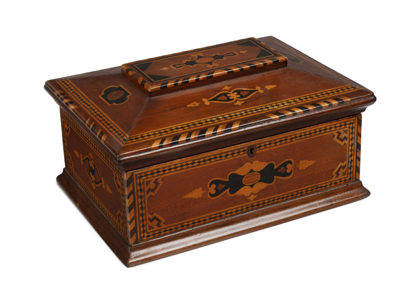 A Colonial jewellery box, ornately inlaid with native and exotic timbers, Barossa Valley, South Australian origin, 19th century, interior fitted with lift-out tray and green velvet lining, ​18cm high, 34cm wide, 24cm deep