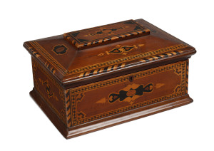 A Colonial jewellery box, ornately inlaid with native and exotic timbers, Barossa Valley, South Australian origin, 19th century, interior fitted with lift-out tray and green velvet lining, ​18cm high, 34cm wide, 24cm deep