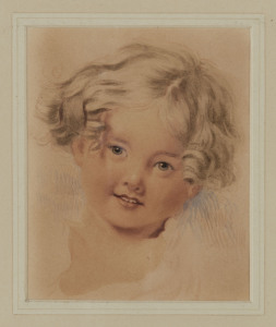 SIR THOMAS LAWRENCE (1769 - 1830) Attrib. A study of Laura Anne Calmady, watercolours on card, 12.5 x 10cm. With National Gallery of Victoria label verso (dated 1949) with mss notes "Lent by W.S. Robinson, Esq. One of the Calmady Children; attrib. to Sir 