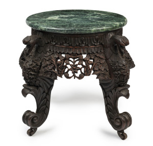 An Anglo-Indian occasional table, ornately carved wood with green marble top, 19th century, 42cm high, 49cm wide