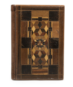 THOMAS GRIFFITHS book box, Queensland specimen timbers, Mount Tamborine, Queensland, early 20th century, fitted with velvet lined lidded drawer containing original "Griffiths Scorer" booklet and playing cards, drawer lid crisply marked with oval makers in