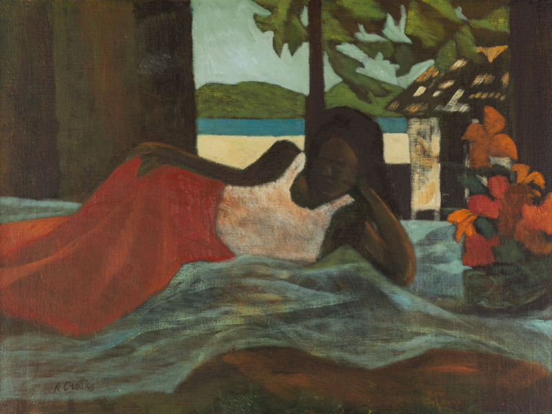 RAY AUSTIN CROOKE (1922 - 2015), Untitled (Island girl on the bed), oil on board, signed "R Crooke" lower left, 45 X 60cm.