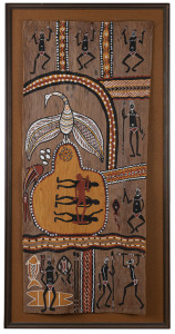 Artist Unknown, Initiation acrylic colours on bark, circa 1980, 93 x 42cm, (framed: 104.5 c 53.5cm), ​with "Queensland Aboriginal Creations" source/explanation card.