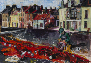 PATRICIA HULLEY Mending Nets, acrylics on paper, laid down on board, named and titled verso, ​32 x 46cm.