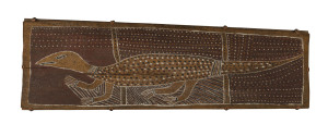 Artist Unknown, (Goanna) acrylic colours on bark, circa 1970, 20 x 70cm. (approx.).