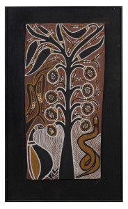 DAVID MALINGI DAYMIRRINGU (Aboriginal, 1927-99) Sacred Dreaming Fruit Tree with Bird and Snake, painting on bark, circa 1980, 61 x 30cm (approx.) (affixed to backing board)