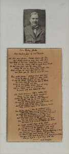 WILLIAM H. OGILVIE (1869 – 1963): manuscript copy (in ink) of a tribute to Adam Lindsay Gordon, titled "From 'Hearts of Gold' by Will H. Ogilvie" with five stanzas followed at base by the signature "Will H. Ogilvie". Mounted & framed together with a photo