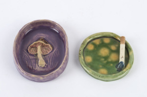 LOUISE TAYLOR pottery mushroom dish together with a CHRISTINE A. PECKET pottery ashtray, (2 items), incised signatures on the bases, the ashtray 8cm diameter