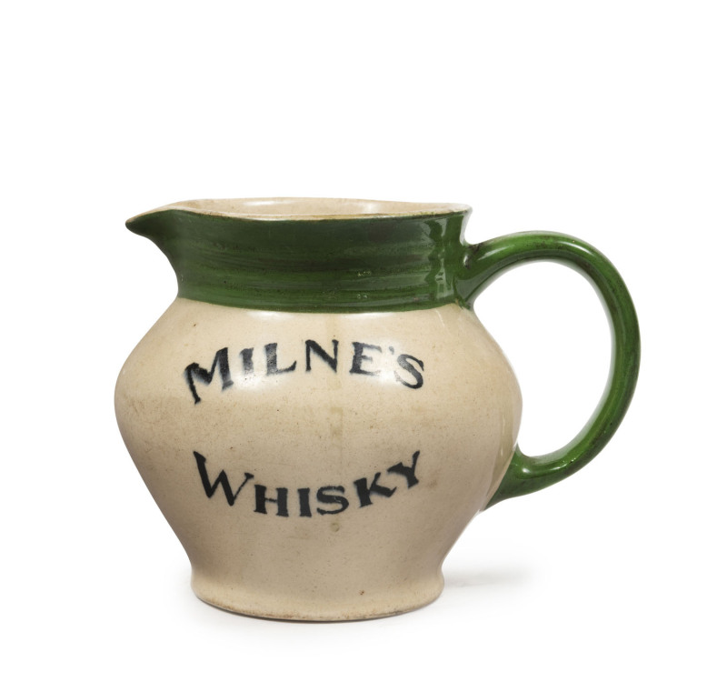 HOFFMANN "MILNE'S WHISKY" pottery advertising jug, stamped "Hoffmann, Australia", ​11cm high, 15cm wide